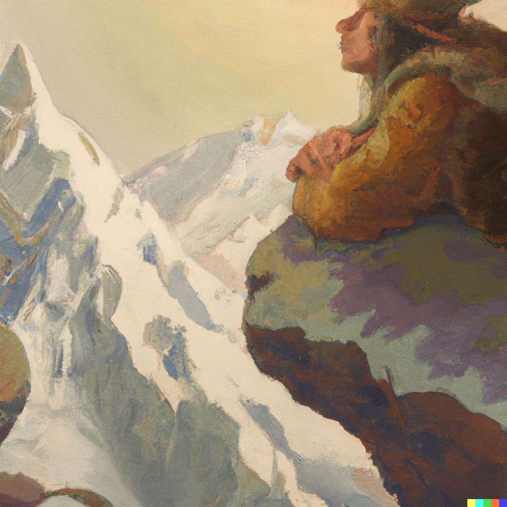 someone gazing at Mount Everest, painting by Alphonse Mucha